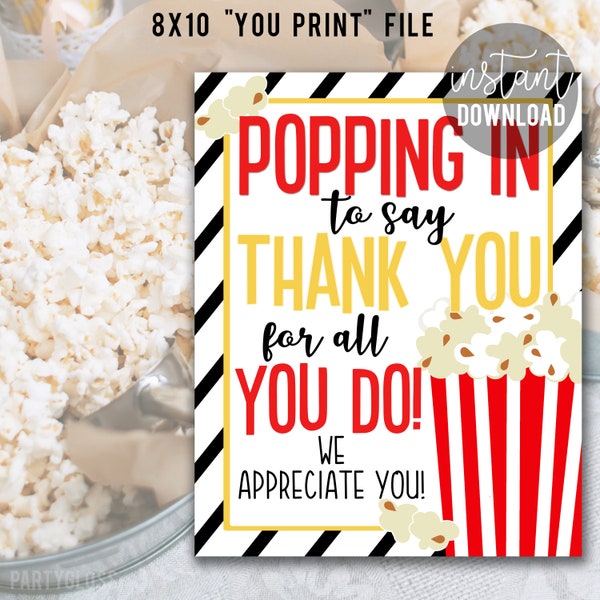 Popcorn Appreciation 8x10 Printable Sign Teachers Employees Staff Team First Responders Break Room PTO PTA Lunchroom Faculty EMT Nurses