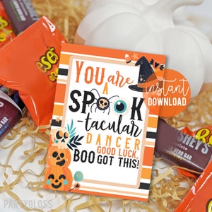 Étiquettes-cadeaux imprimables de l'équipe de danse porte-bonheur d'Halloween, danseur fantasmagorique et tacular