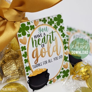 St. Patrick's Druckbare Tags, Herz aus Gold Geschenkanhänger, Wertschätzung Danke Geschenk Freund Mitarbeiter Büro Klient Nachbar Mitarbeiter Lehrer PTA
