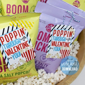 Pipoca Etiquetas para impressão do Dia dos Namorados Poppin' Through Valentine Class Equipe Amigo Vizinho Professor Creche Colega de equipe Colega de classe Ônibus estudantil