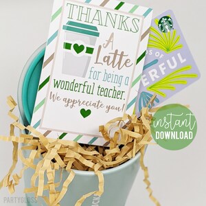 Teacher Appreciation Printable Tag | Thanks A Latte Tag | Latte Gift Card | Coffee Tag | Teacher Thank You | Teacher Appreciation Week Day