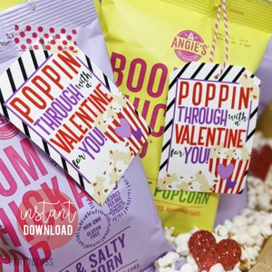 Pipoca Etiquetas para impressão do Dia dos Namorados Poppin' Through Valentine Class Equipe Amigo Vizinho Professor Creche Colega de equipe Colega de classe Ônibus estudantil