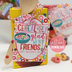 Valentine&#39;s Day Cereal Box Printable Gift Tags, Cereal-sly Glad We&#39;re Friends Class Valentine Neighbors Team Teammates Classmates Pink