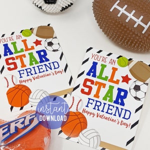 Valentinstag druckbare Sport Tags All Star Friend Valentine Football Basketball Baseball Tennisvolleyball Fußballklasse Team Nachbar