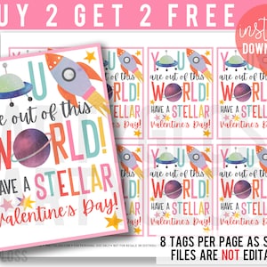 Space Galaxy Valentijnsdag afdrukbare tag, niet van deze wereld, girly ruimte afdrukbare tag, klasse non-food, gemakkelijke schattige stellaire Valentijnsdag