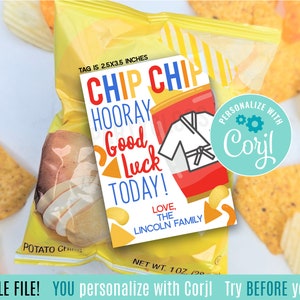 May include: A printable chip bag gift tag with a red, yellow and blue chip bag design. The tag says "Chip Chip Hooray Good Luck Today!" with a cartoon karate uniform and the text "Love, The Lincoln Family".