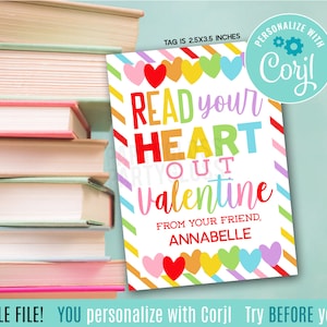 Marque-page modifiable pour la Saint-Valentin, lisez votre coeur, étiquettes cadeaux imprimables, coeurs arc-en-ciel livre Saint-Valentin amis classe équipe ami camarade de classe