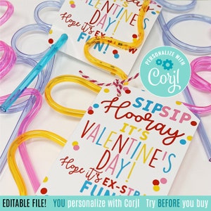 Editable Straw Valentine's Day Printable, Crazy Straw Class Valentine  Sip Sip Hooray Classmate Friend Team Teammates Office Neighbors Staff