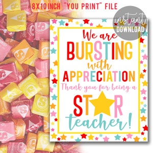 Teacher Appreciation 8x10 Printable Sign, Star Teacher Candy Sign Bursting With Appreciation Break Room PTO PTA Star Burst Candy Dish