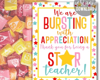 Teacher Appreciation 8x10 Printable Sign, Star Teacher Candy Sign Bursting With Appreciation Break Room PTO PTA Star Burst Candy Dish