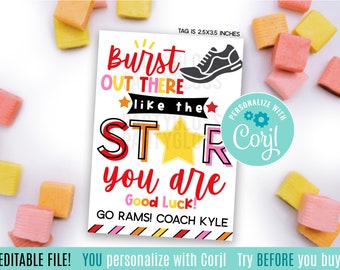 Może przedstawiać: Drukowana karta zachęty dla drużyny sportowej z gwiazdą, butem do biegania i tekstem "Burst Out There Like The Star You Are. Good Luck! Go Rams! Coach Kyle.  Personalize with Corjl.  Try Before You Buy."