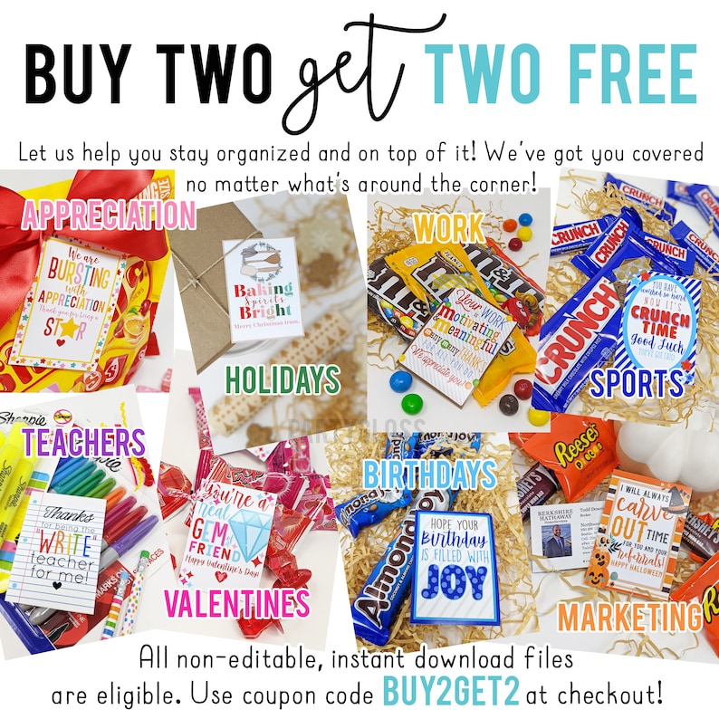 Op de afbeelding: Een collage van afbeeldingen die verschillende soorten cadeau-etiketten voor verschillende gelegenheden tonen, waaronder waardering, feestdagen, verjaardagen, leraren, sport, werk en marketing. De tekst "BUY TWO get TWO FREE" staat bovenaan de afbeelding. De tekst "All non-editable, instant download files are eligible. Use coupon code BUY2GET2 at checkout!" staat onderaan de afbeelding.