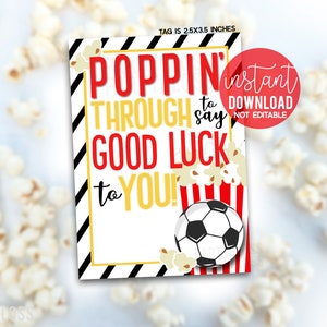 Piłka nożna Popcorn Powodzenia Wydrukowane etykiety na prezenty, Popping Poppin Snacks Tag Bag Przysmaki Mecz Playoffs Regionals Game Day Team State Championship