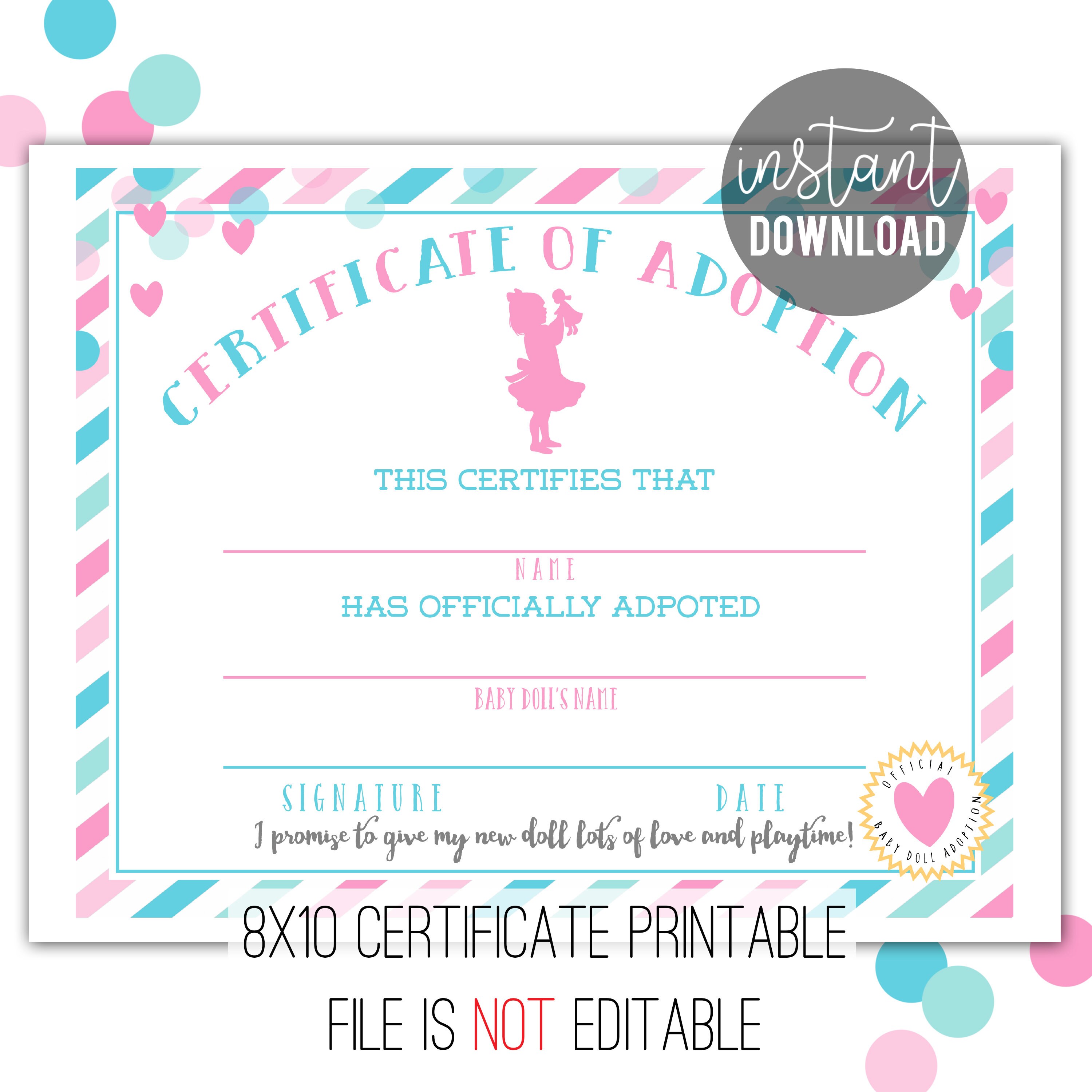 Doll Adoption Certificate Printable Doll Party Activity | Etsy