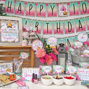 Glamping Instant Download Birthday Party Package Printables, Girly Camping Sleepover Prints Signs Decorations Favors Banners Food Tents
