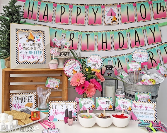 Glamping Instant Download Birthday Party Package Printables, Girly Camping Sleepover Prints Signs Decorations Favors Banners Food Tents
