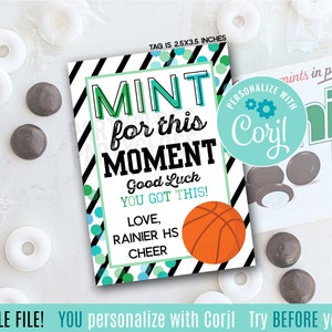 Editable Basketball Mint For This Moment Good Luck Printable Gift Tags, Tournament Game Day Team Teammates State Playoffs Mints Gum Candy