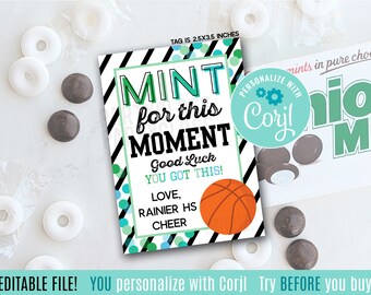 Editable Basketball Mint For This Moment Good Luck Printable Gift Tags, Tournament Game Day Team Teammates State Playoffs Mints Gum Candy