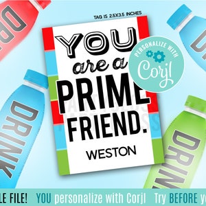 Prime Friend modificabile Etichette regalo stampabili per San Valentino, Bevanda sportiva San Valentino Pacchetto di bevande energetiche Polvere di idratazione Classe Boy Bro Bruh