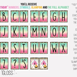 May include: Printable banner featuring the full alphabet, numbers, symbols, and a camping tent design. Each page is 8.5 inches by 11 inches and includes two panels, each measuring 5 inches by 7 inches. The banner has a pink, blue, and green ombre background with black and gold accents.
