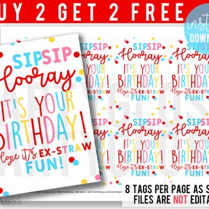 Sip sip hooray aniversário etiquetas imprimíveis tag de aniversário de palha boba bebida etiqueta fofa para crianças estudantes palha louca ônibus colega de classe amigo