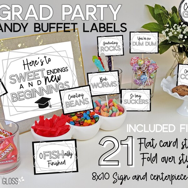 Graduation Candy Buffet Labels | Candy Bar Labels | Black Silver  | Grey Gray Grad Candy Labels | Black Silver | Candy Bar Signs Black Grey