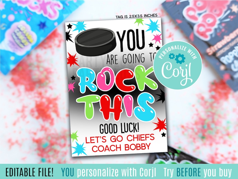 Editable Hockey You Are Going To Rock This Good Luck Printable Gift Tags, Pop Candy Rocks Playoff Game Match Team Treats State Championship image 1