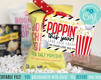 Editable Golf Printable Tag |  Good Luck Golf Popcorn Card | Awesome Golf Season Treat Snack Tag | Our Team Is Poppin' Corjl