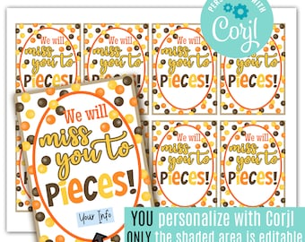 Editable Miss You To Pieces Printable Tag | We Will Miss You | Staff Team Gift | Volunteer | Office Retirement Party Favor Corjl PG999