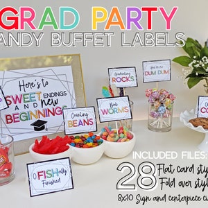 Etiquetas de buffet de dulces de graduación, Candy Bar Grad Party Graduación Etiquetas de dulces Graduación Candy Signs Rainbow Grad Party Food