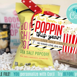 Edytowalne gimnastyki Wydrukowane etykiety na prezenty Popcorn Powodzenia w gimnastyce Poznaj niesamowity sezon gimnastyczny Przysmak Przekąska Nasz zespół jest w tym roku w formie