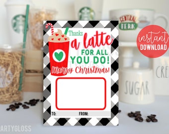 Christmas Coffee Printable Gift Card Holder, Thanks A Latte Teacher Coffee Card Staff Employee Team Office Coworkers Volunteers PTA PTO