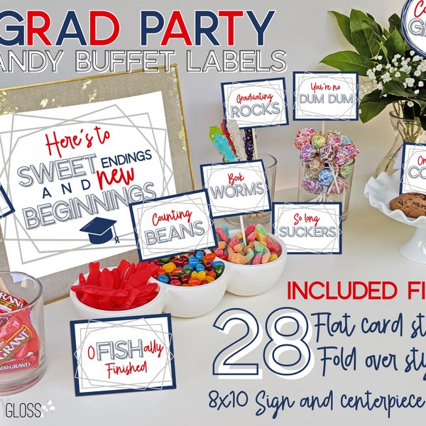 Graduation Candy Buffet Labels | Candy Bar Labels | Grad Party | Graduation Candy Labels | Navy Red Gray | Red White Blue Grad Food Labels