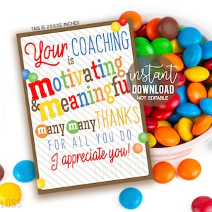 Coach Wertschätzung Druckbare Geschenkanhänger, MM Candy Tag Ihr Coaching ist motivierend und sinnvoll Danke für alle, die Sie als Coaches behandeln