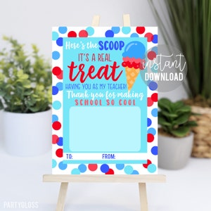 Porte-cartes cadeau imprimable remerciement des enseignants, crème glacée, l'école est cool Les enseignants ont la fin de l'année pour le dernier jour d'école Merci, bonne année