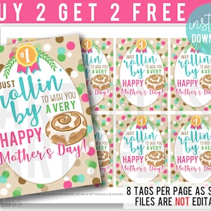 Mother&#39;s Day Cinnamon Roll Printable Tags, Rollin&#39; By, Baked Goods Tag, Mom&#39;s Day Gift Tag Mom Gift, Grandma Daughter Treats for Mother