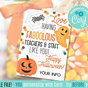 Etiquetas de regalo imprimibles de Halloween de agradecimiento a los maestros y al personal editables, golosinas de dulces para profesores de la escuela Me encanta tener una sala de descanso de la PTO de la PTO del maestro