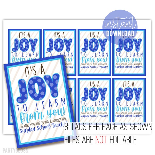 Sunday School Teacher Appreciation Printable | Printable Joy Sunday School Teacher Tags | Joy Teacher Gift | Church Teacher | Teacher Gift