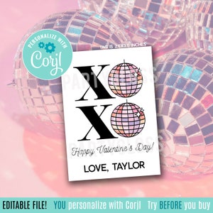 Bewerkbare Valentijnsdag XOXO Disco Ball afdrukbare cadeaukaartjes, knuffels kusjes Valentine Howdy Galentine's Swift Class Team Office klasgenoot PTA
