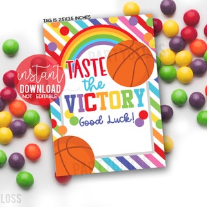 Basketbal proef de overwinning Afdrukbare cadeaukaartjes, succestoernooi Big Game Day Team behandelt teamgenoten Rainbow Candy Playoffs 3 op 3