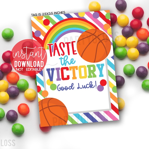 Basketball Taste The Victory Printable Gift Tags, Good Luck Tournament Big Game Day Team Treats Teammates Rainbow Candy Playoffs 3 on 3