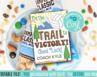 Editable Volleyball Trail Mix Printable Gift Tags The Trail To Victory Good Luck Courtside Beach Volleyball Match Practice Tournament Snacks