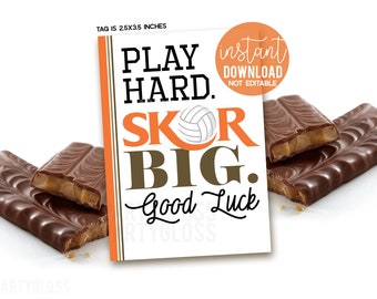 Volleyball Score Big Printable Gift Tags, Chocolate Bar Candy Pun, Good Luck Courtside Beach Volleyball Match Practice Tournament, Printable