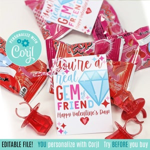 Editable Valentine's Day Ring Candy Pop Printable Valentine Gift Tags, Gem Of A Friend Lollipop Sucker Team Teammate Neighbors Friends