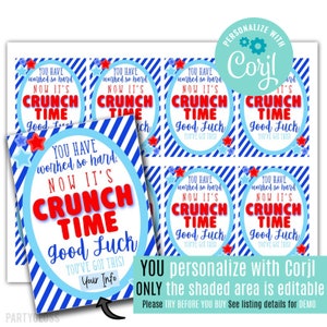 Bearbeitbare Crunch-Zeit Viel Glück zum druckbaren Geschenkanhänger, Verkaufsende des Viertels Crunch-Zeit Ptsa Pta Team-Konkurrenzspiel-Tag-Test, der SAT PSAT nimmt