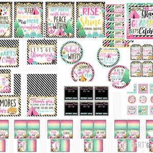 May include: A set of printable party decorations for a glamping themed party. The decorations feature pink, green, and black colors with a variety of designs including tents, s'mores, and camping gear. The text on the decorations includes phrases like "Happy Glampers", "Let's Get Glamorous", and "What! No Wifi?"