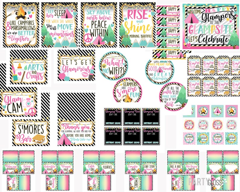 May include: A set of printable party decorations for a glamping themed party. The decorations feature pink, green, and black colors with a variety of designs including tents, s'mores, and camping gear. The text on the decorations includes phrases like "Happy Glampers", "Let's Get Glamorous", and "What! No Wifi?"