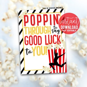 Tanzen Sie Popcorn viel Glück druckbare Geschenkanhänger, Popping Poppin Bag Snacks Tag Leckerei Recital Talent Show Team Zustand Stepptanz-Meisterschaft
