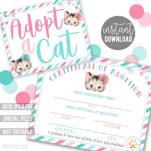 Cat Adoption Certificate Printable | Kitten Party Activity | Kitty Birthday | Cat Printables | Cat Party Ideas | Cat Adoption Certificate