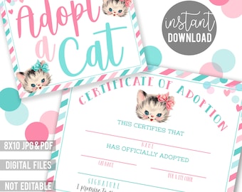 Certyfikat adopcji kota do wydrukowania | Aktywność na przyjęciu dla kociąt | Urodziny kotka | Wydruki dla kotów | Pomysły na przyjęcie dla kotów | Certyfikat adopcji kota